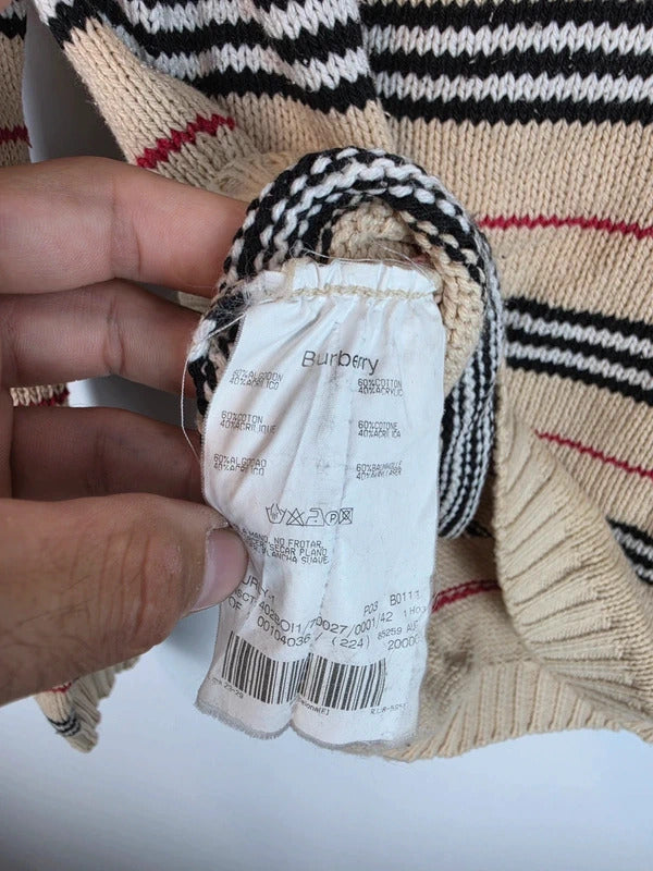 Burberry London Beige Striped Knit Jumper - Embroidered Knight Logo - Size 42 / M