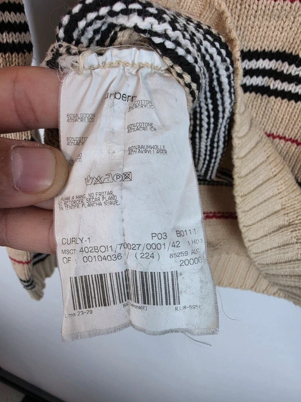 Burberry London Beige Striped Knit Jumper - Embroidered Knight Logo - Size 42 / M