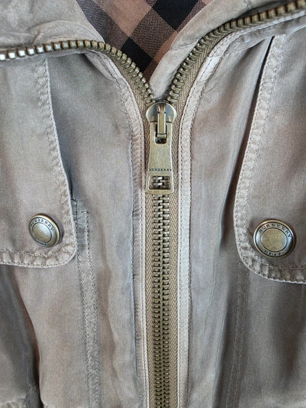 Burberry Brit 100% Silk Parka Jacket Khaki Military Trench Coat UK 12 Medium