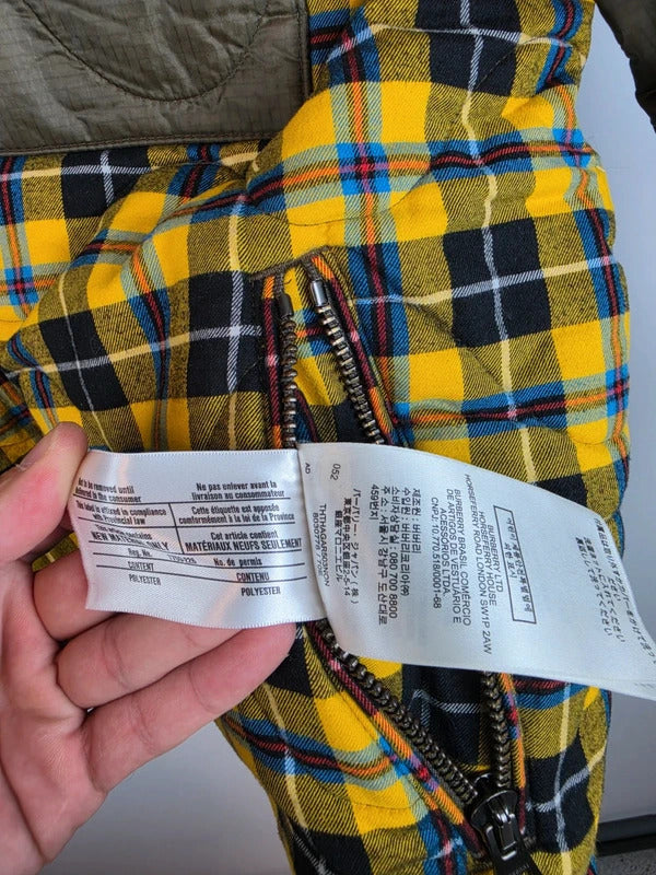 Burberry London Yellow Tartan Quilted Jacket Olive Trim Size 50 L