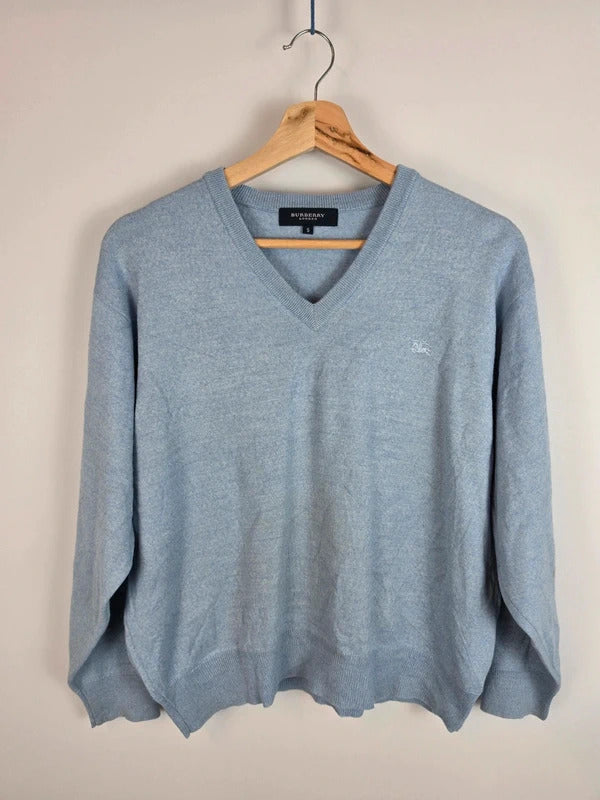 Burberry London Blue V-Neck Jumper Merino Wool Blend Size L
