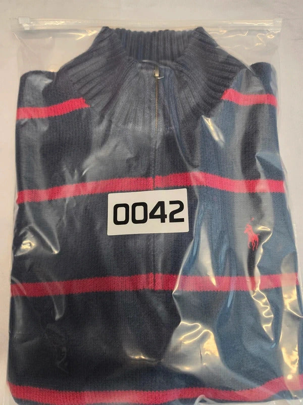 Polo Ralph Lauren Striped 1/4 Jumper Navy Red Pony - L
