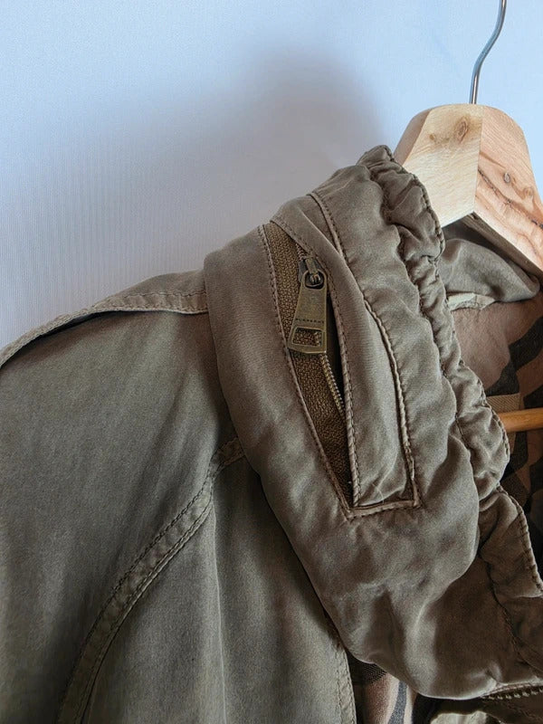 Burberry Brit 100% Silk Parka Jacket Khaki Military Trench Coat UK 12 Medium