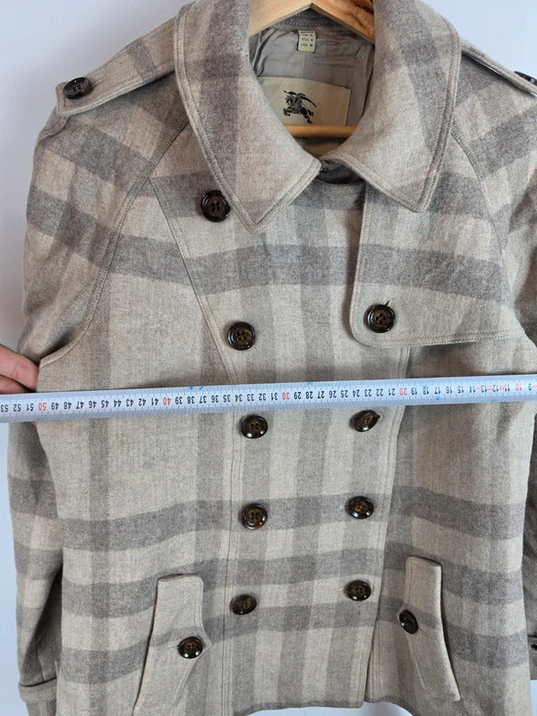 Burberry London Wool Blend Nova Check Double Breasted Pea Coat Jacket UK 16