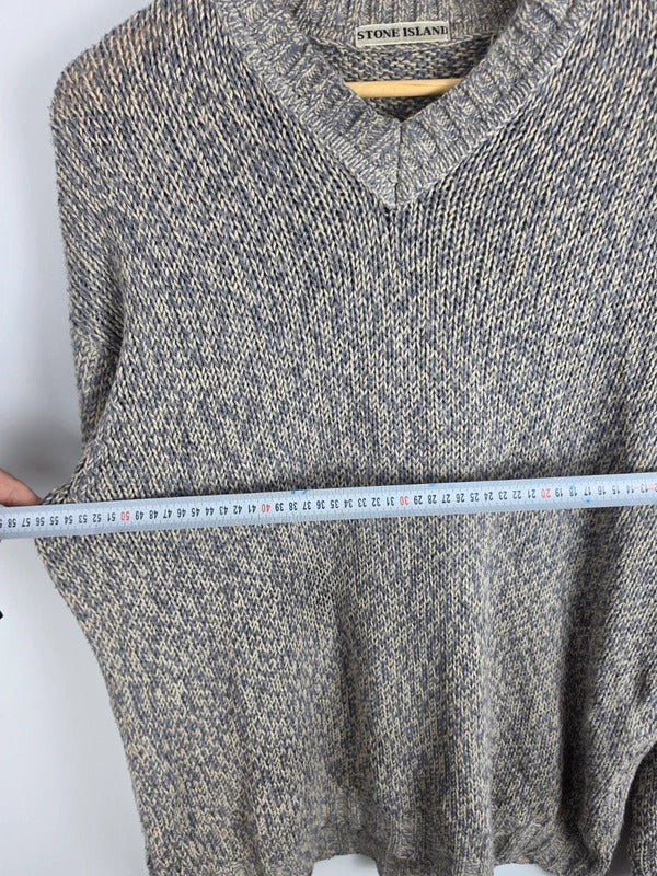 Stone Island Vintage Grey Marled Wool V-Neck Knit Jumper – Size L