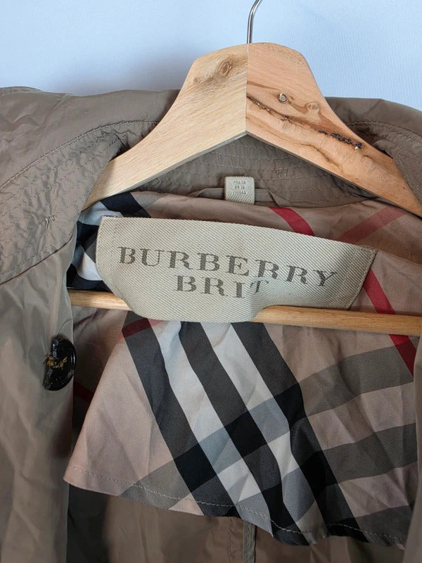 Burberry Brit Beige Hooded Trench Coat Nova Check Lining - UK 8