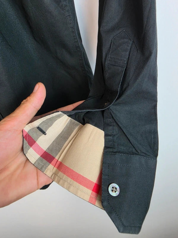 Burberry London Slim Fit Black Shirt, Nova Check Lining - Men's Small