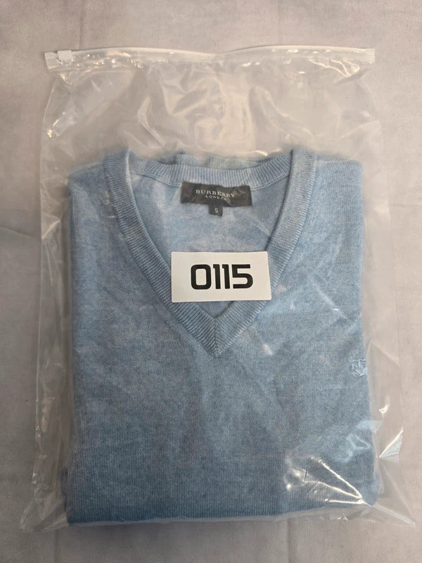 Burberry London Blue V-Neck Jumper Merino Wool Blend Size L