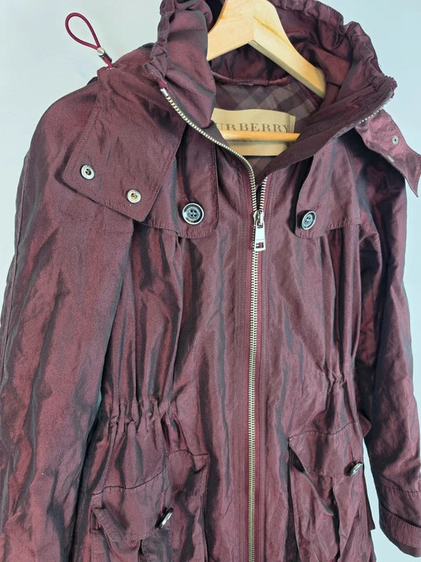 Burberry Brit Metallic Iridescent Parka Jacket Burgundy Womens Size XS