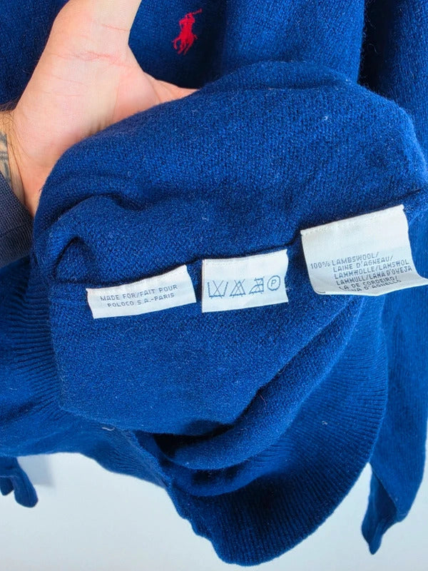 Polo Ralph Lauren Blue V-Neck Wool Sweater Red Pony Logo - Large