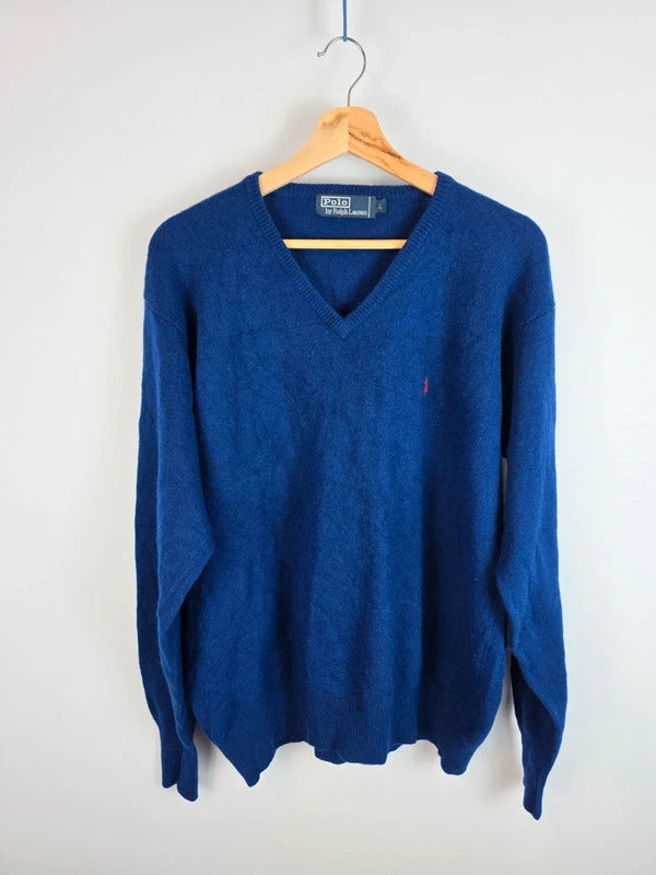 Polo Ralph Lauren Blue V-Neck Wool Sweater Red Pony Logo - Large
