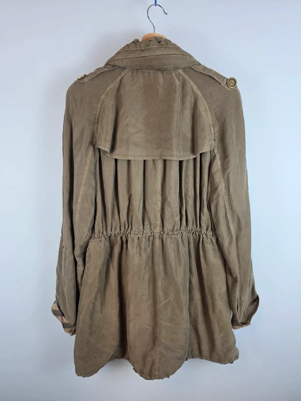 Burberry Brit 100% Silk Parka Jacket Khaki Military Trench Coat UK 12 Medium