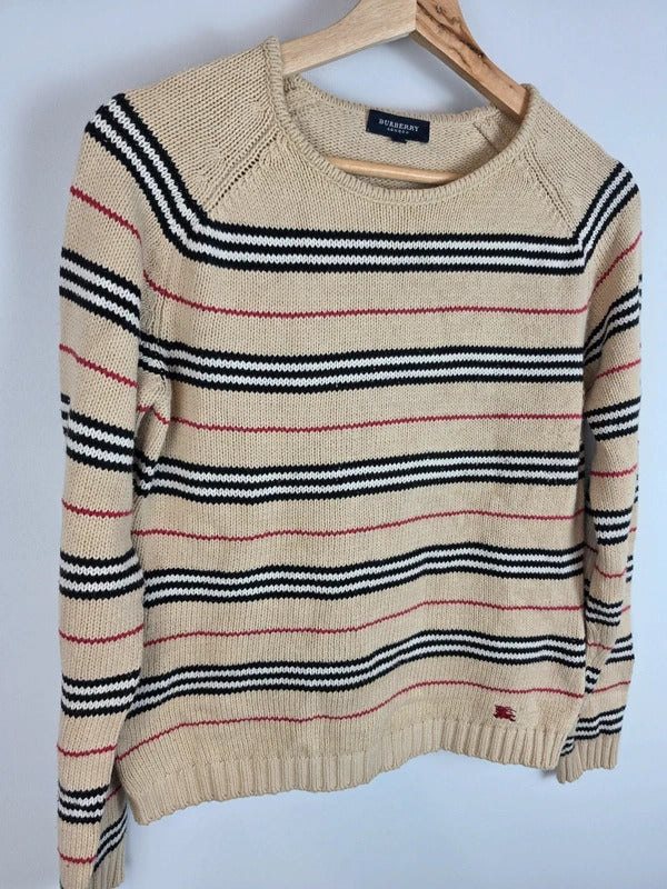 Burberry London Beige Striped Knit Jumper - Embroidered Knight Logo - Size 42 / M