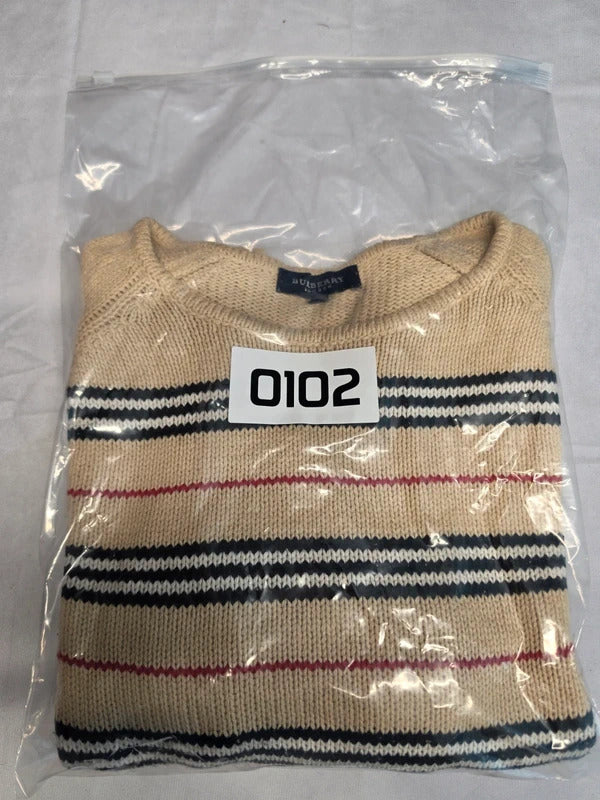 Burberry London Beige Striped Knit Jumper - Embroidered Knight Logo - Size 42 / M
