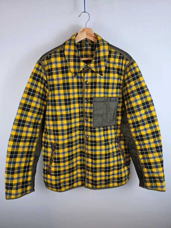 Burberry London Yellow Tartan Quilted Jacket Olive Trim Size 50 L