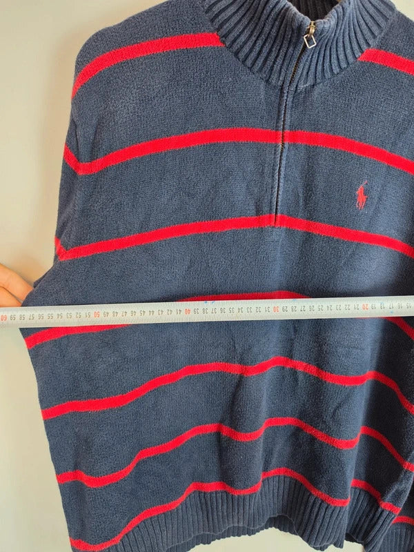 Polo Ralph Lauren Striped 1/4 Jumper Navy Red Pony - L