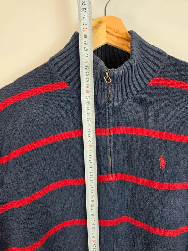 Polo Ralph Lauren Striped 1/4 Jumper Navy Red Pony - L
