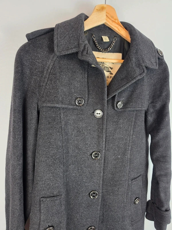 Burberry London Wool Cashmere Double Breasted Trench Coat Charcoal Grey UK 6 XS