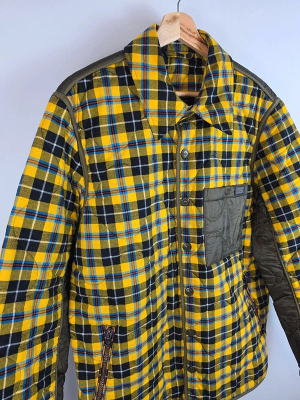 Burberry London Yellow Tartan Quilted Jacket Olive Trim Size 50 L
