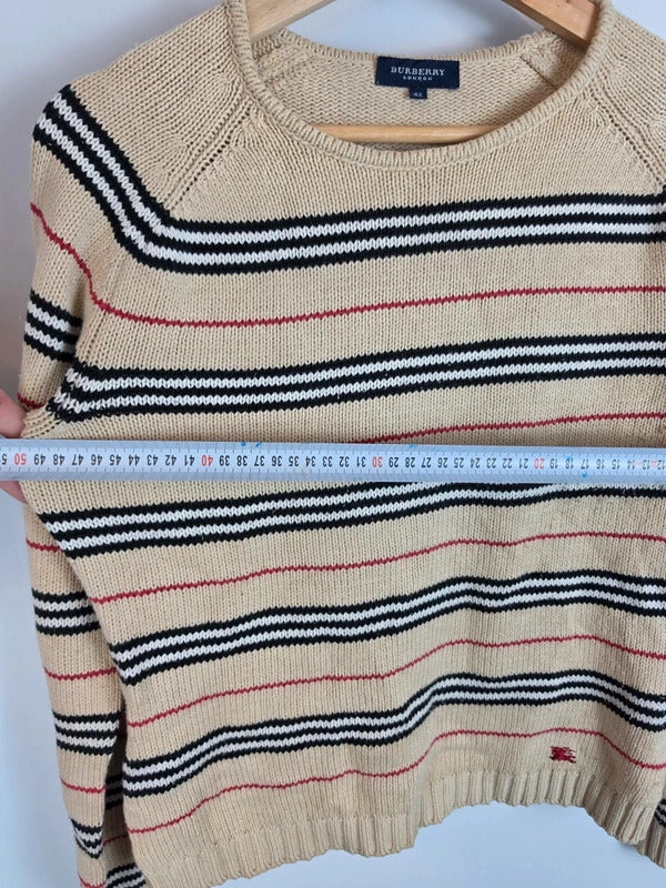Burberry London Beige Striped Knit Jumper - Embroidered Knight Logo - Size 42 / M