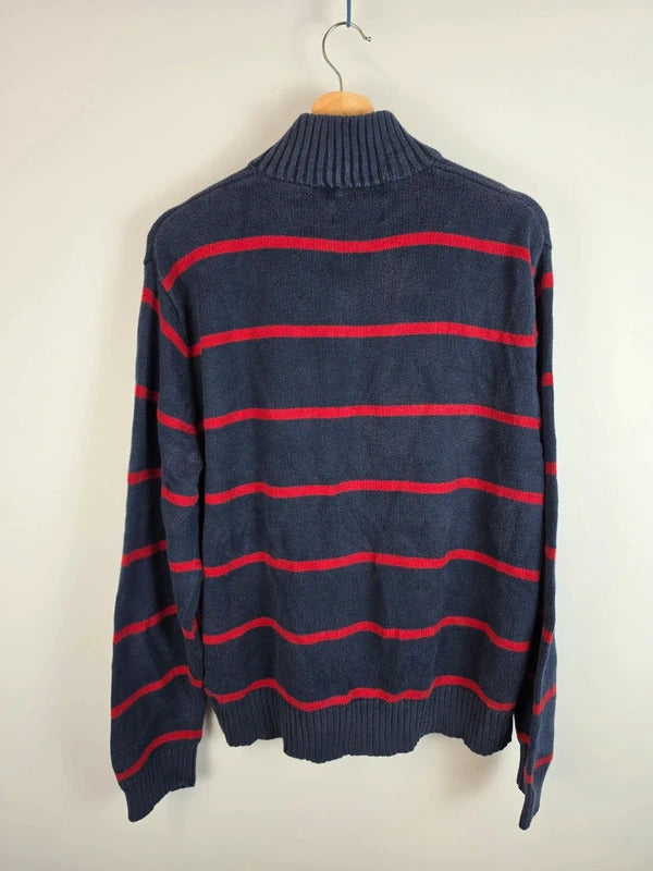 Polo Ralph Lauren Striped 1/4 Jumper Navy Red Pony - L