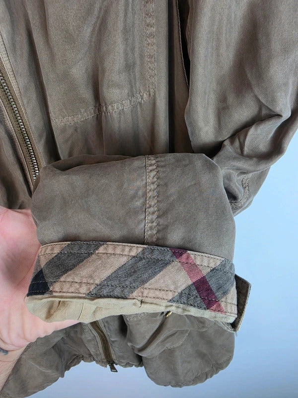 Burberry Brit 100% Silk Parka Jacket Khaki Military Trench Coat UK 12 Medium