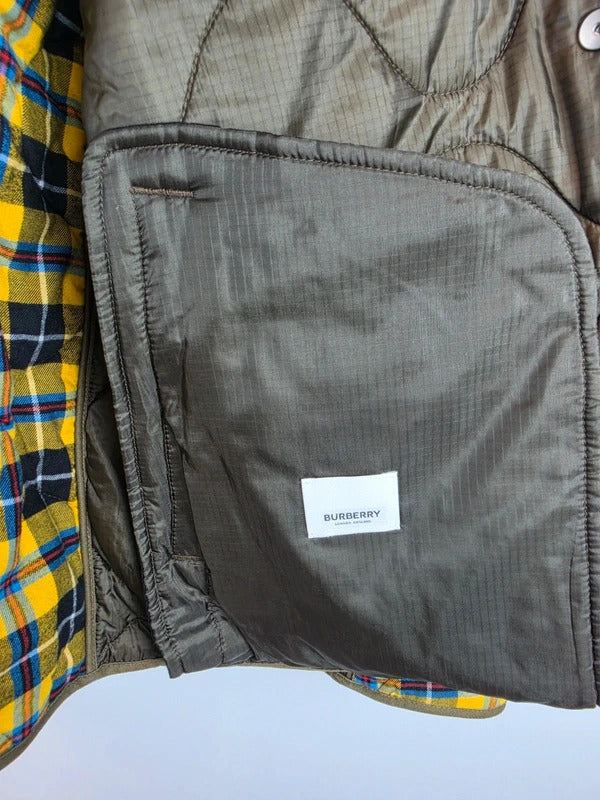 Burberry London Yellow Tartan Quilted Jacket Olive Trim Size 50 L