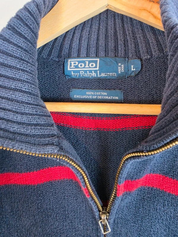 Polo Ralph Lauren Striped 1/4 Jumper Navy Red Pony - L
