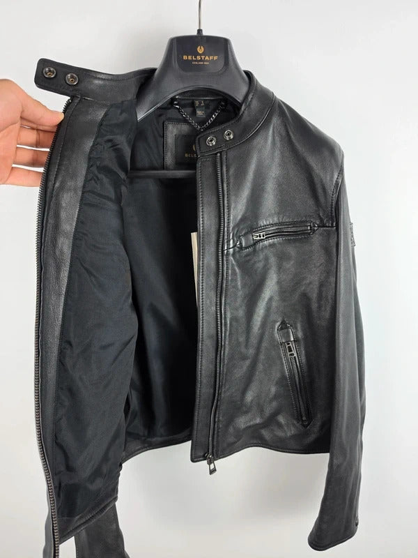Belstaff Pine Black Lambskin Racer Jacket – UK 8 / IT 40