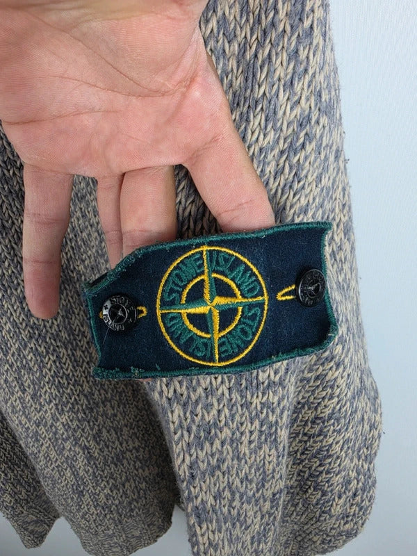 Stone Island Vintage Grey Marled Wool V-Neck Knit Jumper – Size L