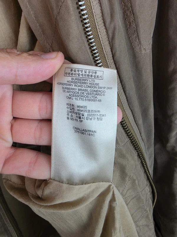 Burberry Brit 100% Silk Parka Jacket Khaki Military Trench Coat UK 12 Medium