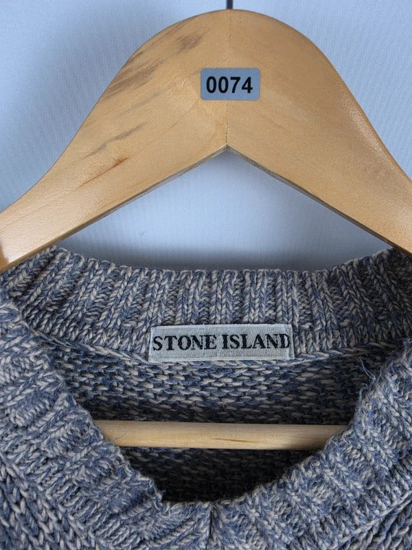 Stone Island Vintage Grey Marled Wool V-Neck Knit Jumper – Size L