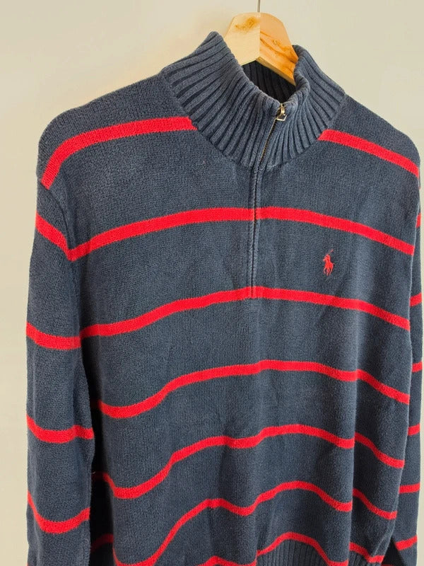 Polo Ralph Lauren Striped 1/4 Jumper Navy Red Pony - L