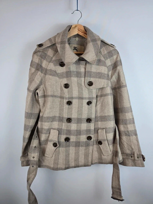 Burberry London Wool Blend Nova Check Double Breasted Pea Coat Jacket UK 16