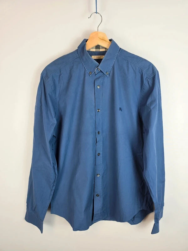 Burberry Brit Blue Long Sleeve Shirt, Check Collar & Cuff Detail - Size L