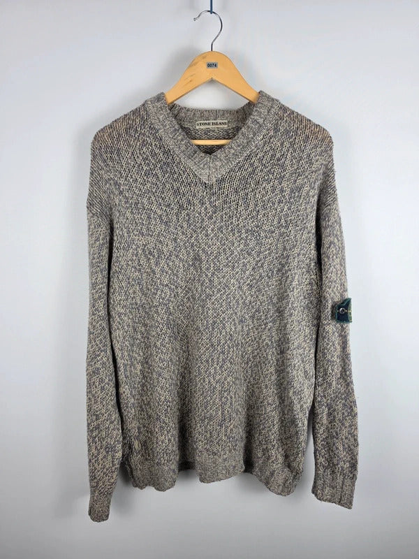 Stone Island Vintage Grey Marled Wool V-Neck Knit Jumper – Size L