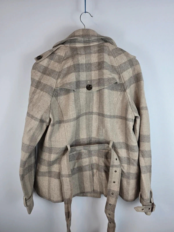 Burberry London Wool Blend Nova Check Double Breasted Pea Coat Jacket UK 16